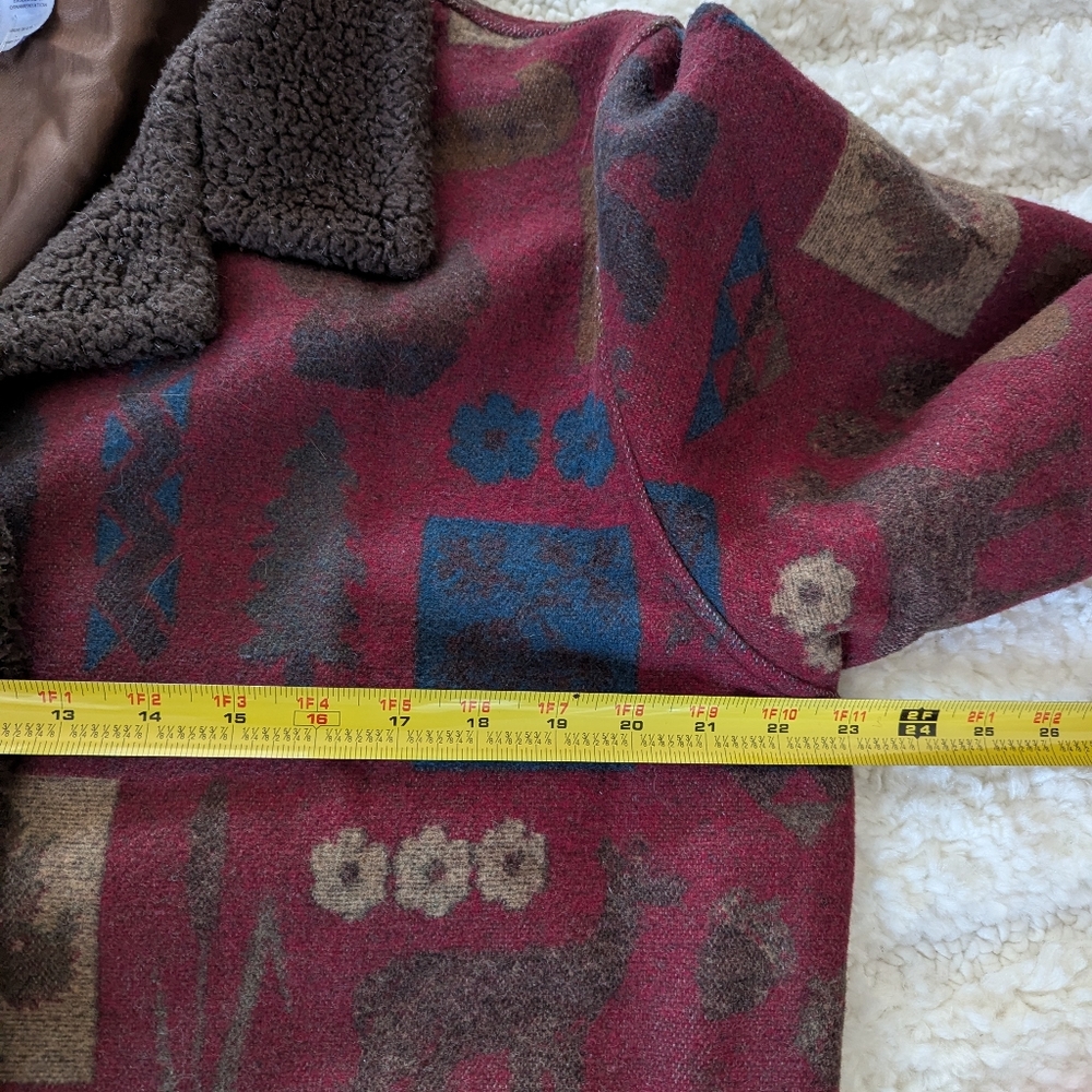Pendleton Originals Wool Sherpa Trim Blanket Coat Bear Moose Print Burgundy L - Picture 14 of 14